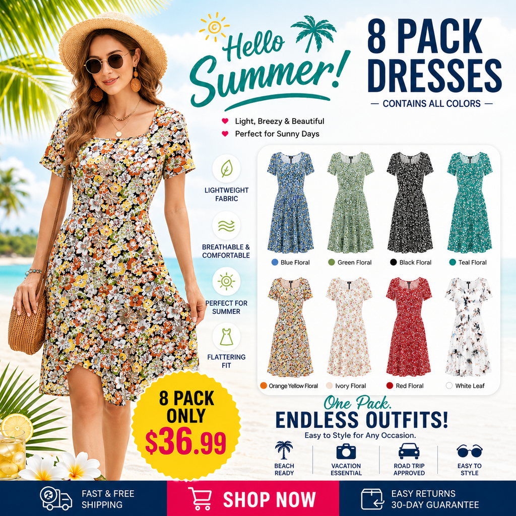 🔥Women Square Neck Floral Dress Ruffle Empire Waist A-Line Sundress with Pockets – Summer Casual Vacation Outfit