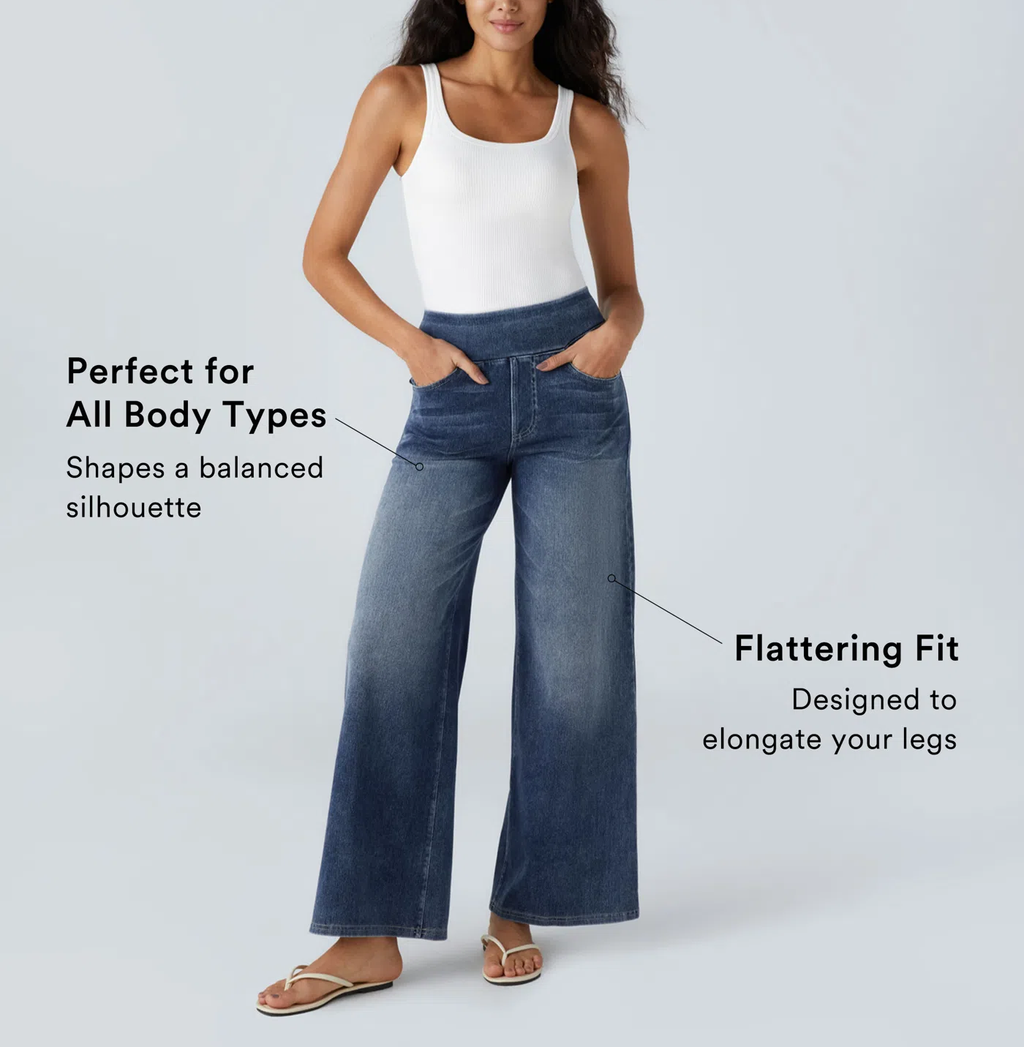 High Waisted Multiple Pockets Baggy Wide Leg Washed Stretchy Knit Casual Jeans
