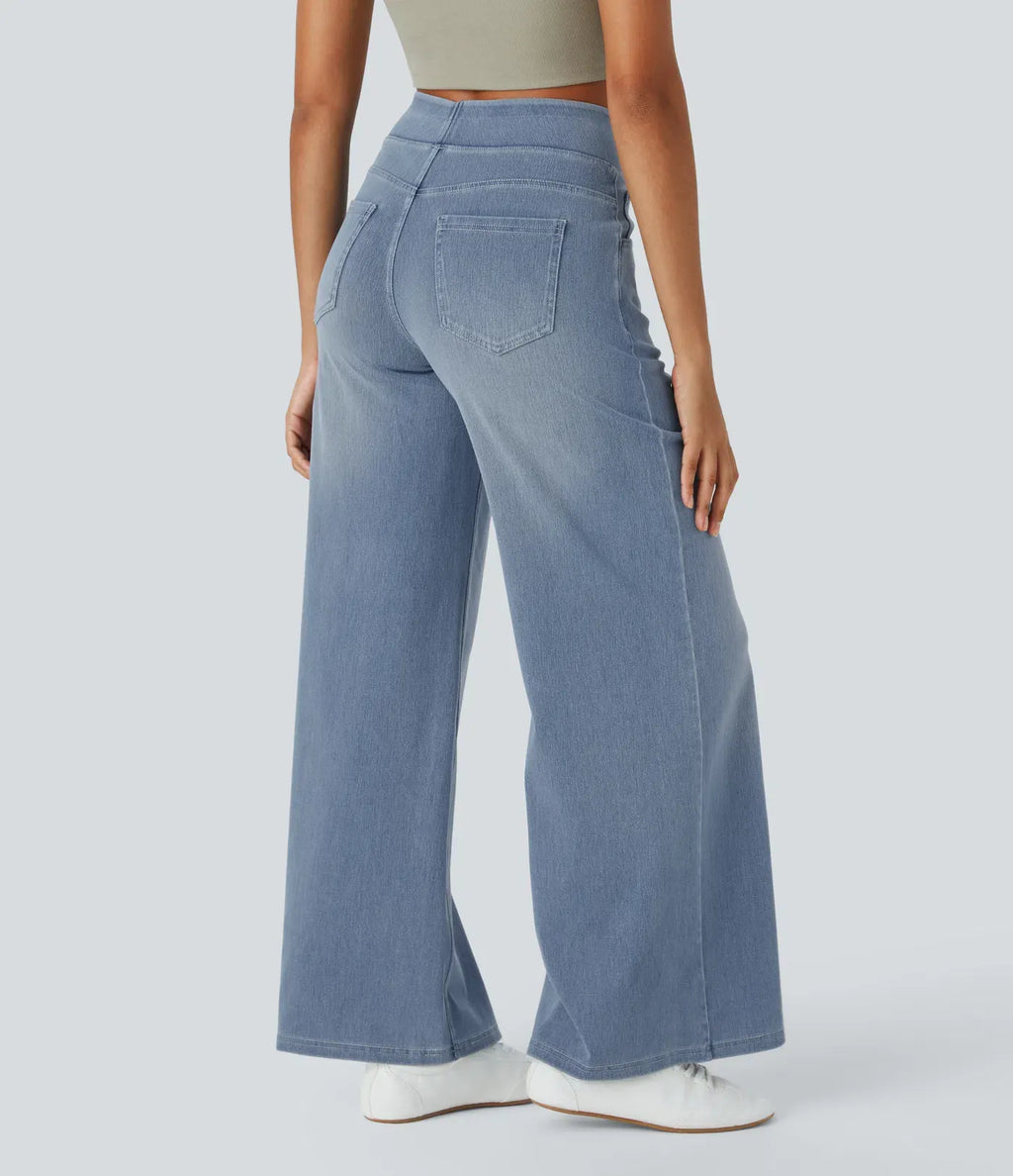 High Waisted Multiple Pockets Baggy Wide Leg Washed Stretchy Knit Casual Jeans