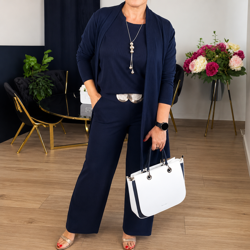 Elegant 3-piece set including long cardigan, top and pants
