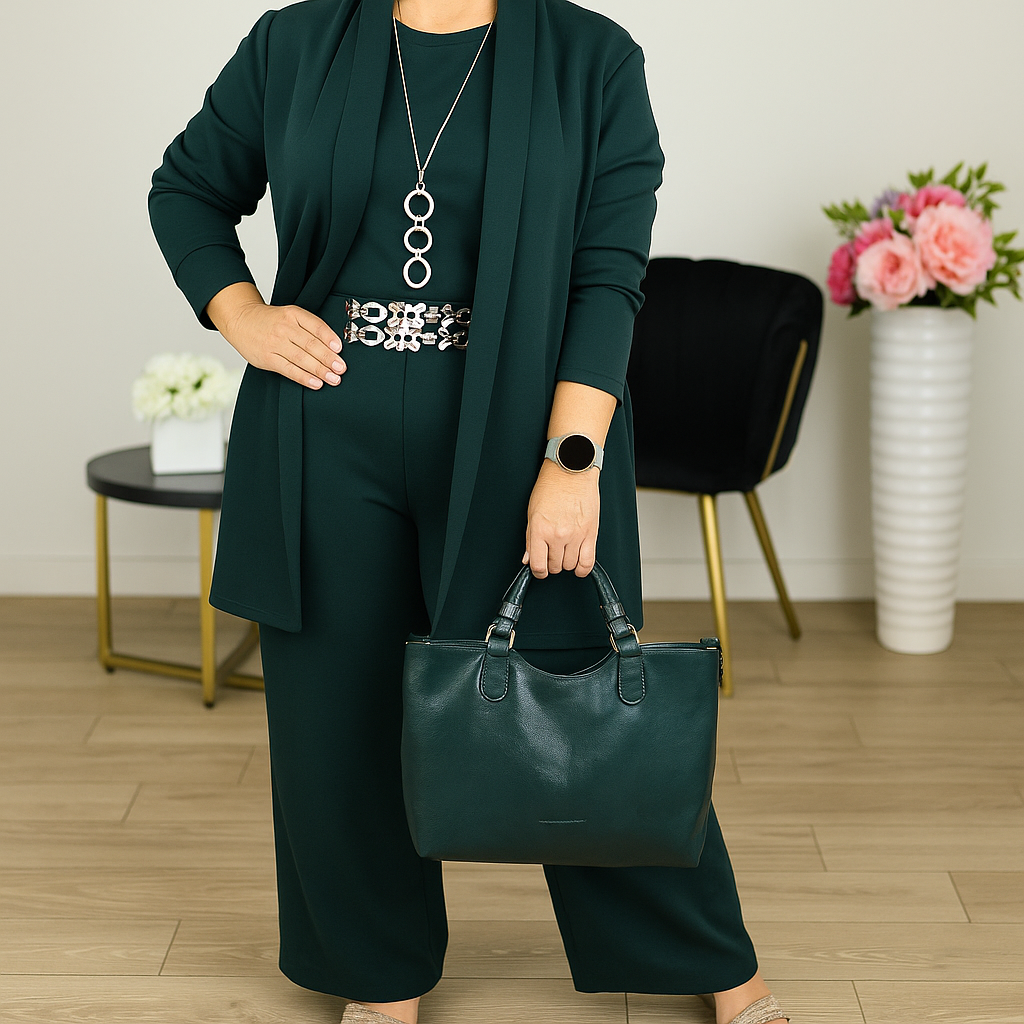Elegant 3-piece set including long cardigan, top and pants