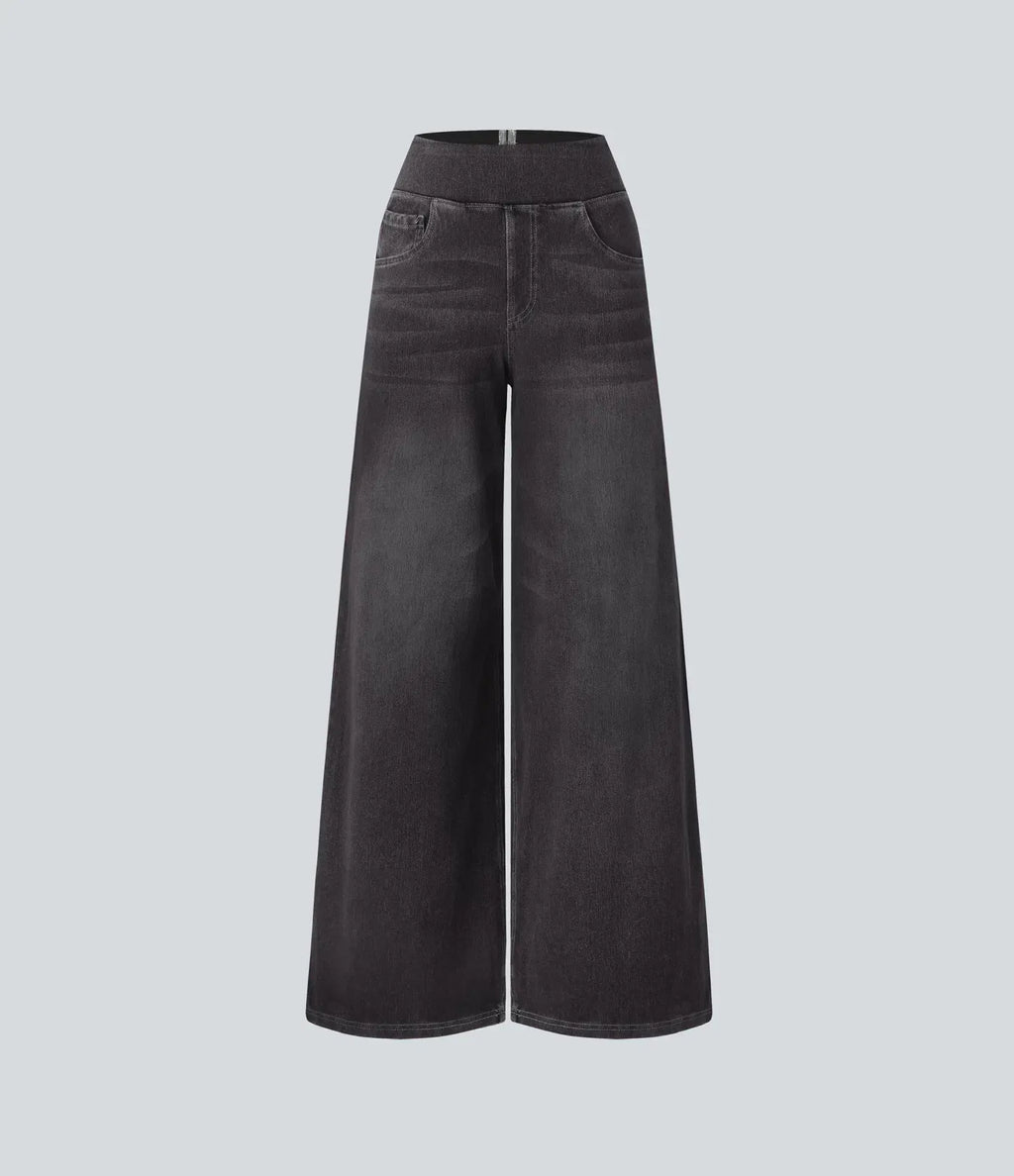 High Waisted Multiple Pockets Baggy Wide Leg Washed Stretchy Knit Casual Jeans