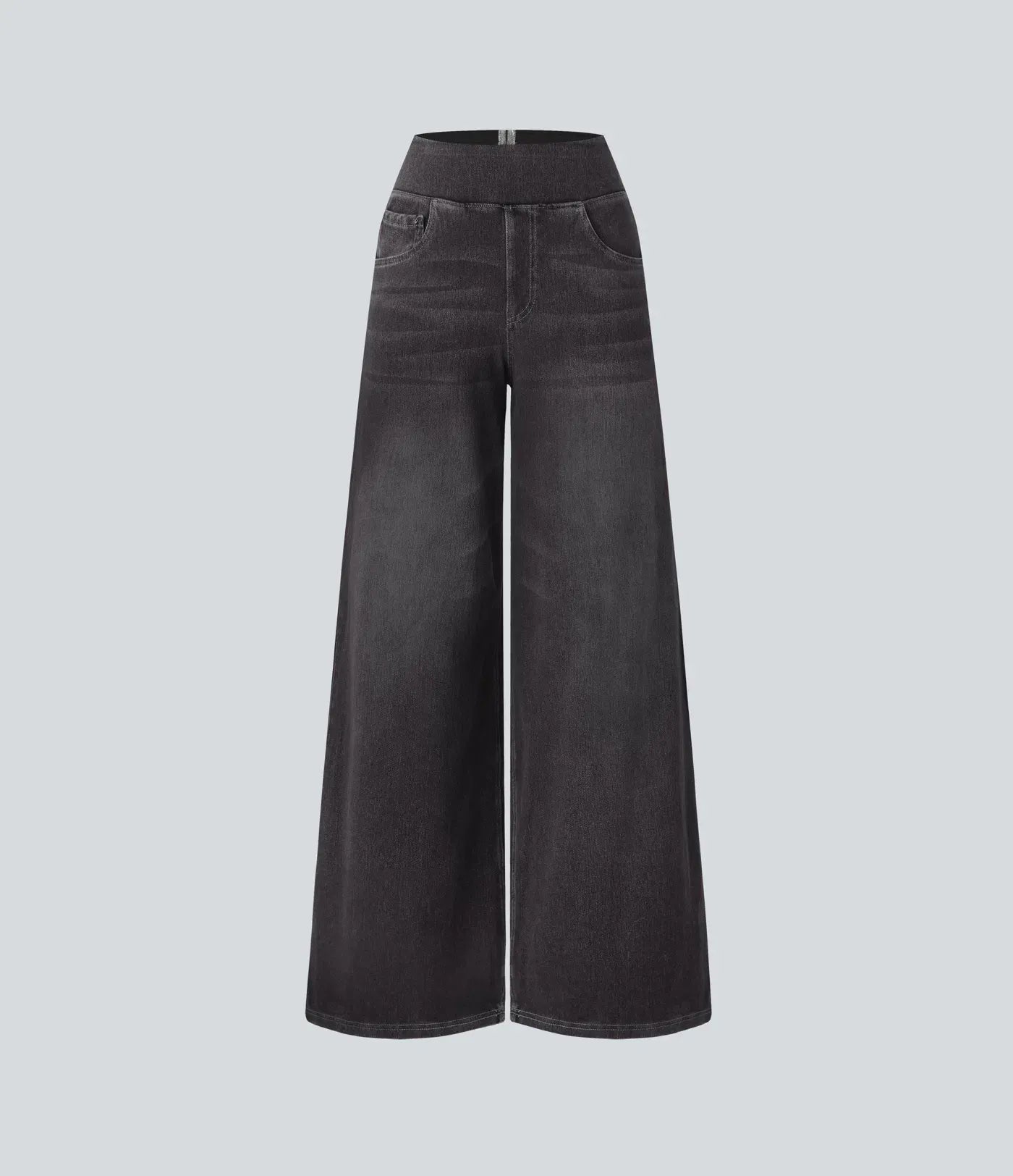High Waisted Multiple Pockets Baggy Wide Leg Washed Stretchy Knit Casual Jeans