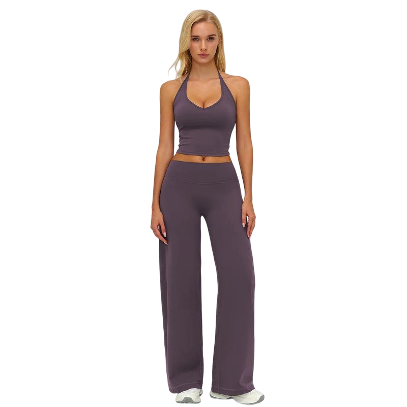 Women’s Plain Crop Cami Top & Flare Leg Pants Sports Set