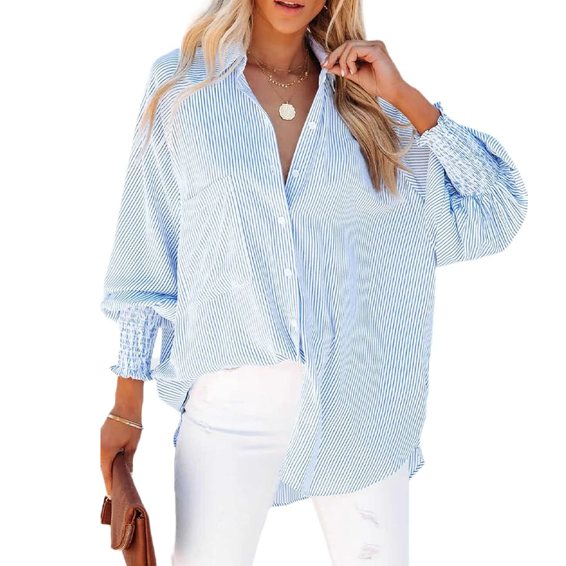 Women's pleated cuffs striped shirt with pockets and casual collar