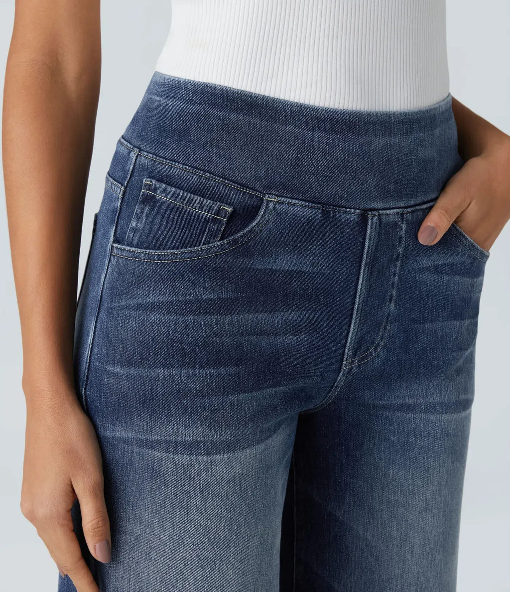 High Waisted Multiple Pockets Baggy Wide Leg Washed Stretchy Knit Casual Jeans