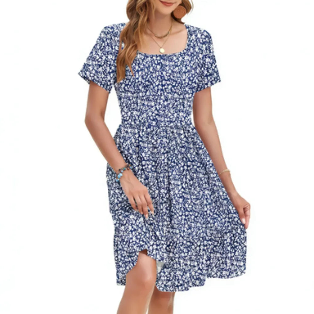 🔥Women Square Neck Floral Dress Ruffle Empire Waist A-Line Sundress with Pockets – Summer Casual Vacation Outfit