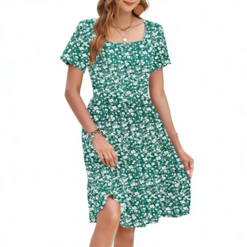 Women Square Neck Ditsy Floral Dress, Ruffle Empire Waist A-Line Sundress With Pockets