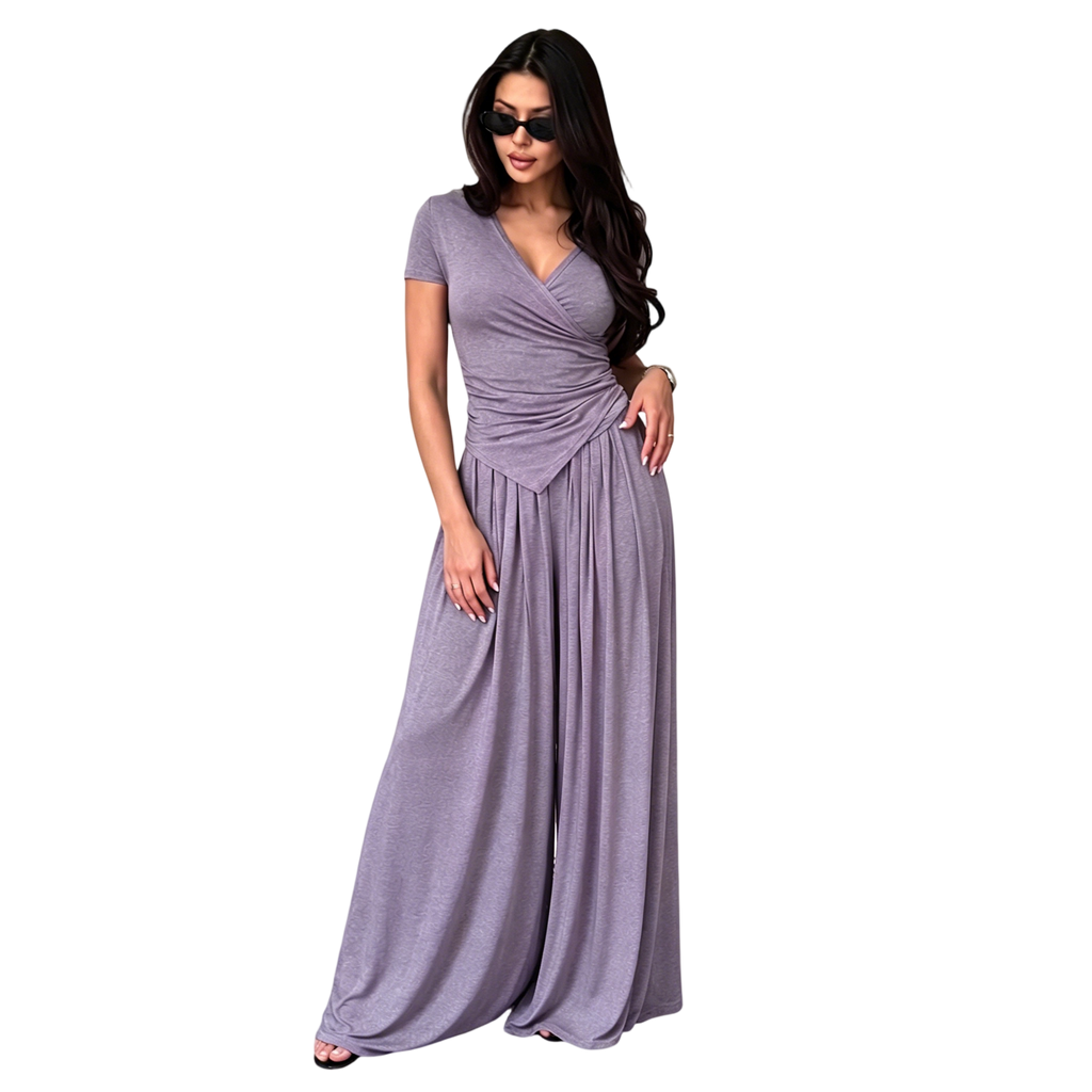 Women's Wrap V-Neck Wide Leg Two-Piece Set