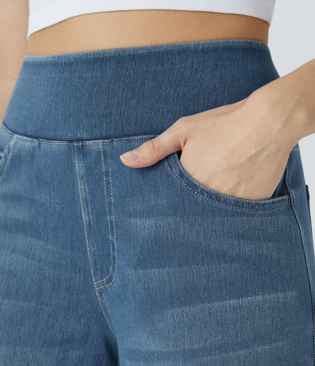 High Waisted Multiple Pockets Baggy Wide Leg Washed Stretchy Knit Casual Jeans
