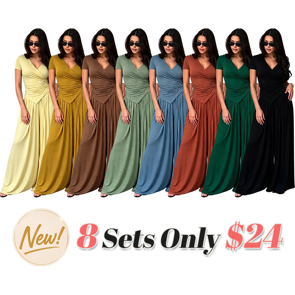 Women's Wrap V-Neck Wide Leg Two-Piece Set