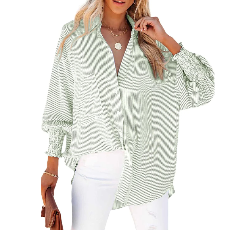 Women's pleated cuffs striped shirt with pockets and casual collar