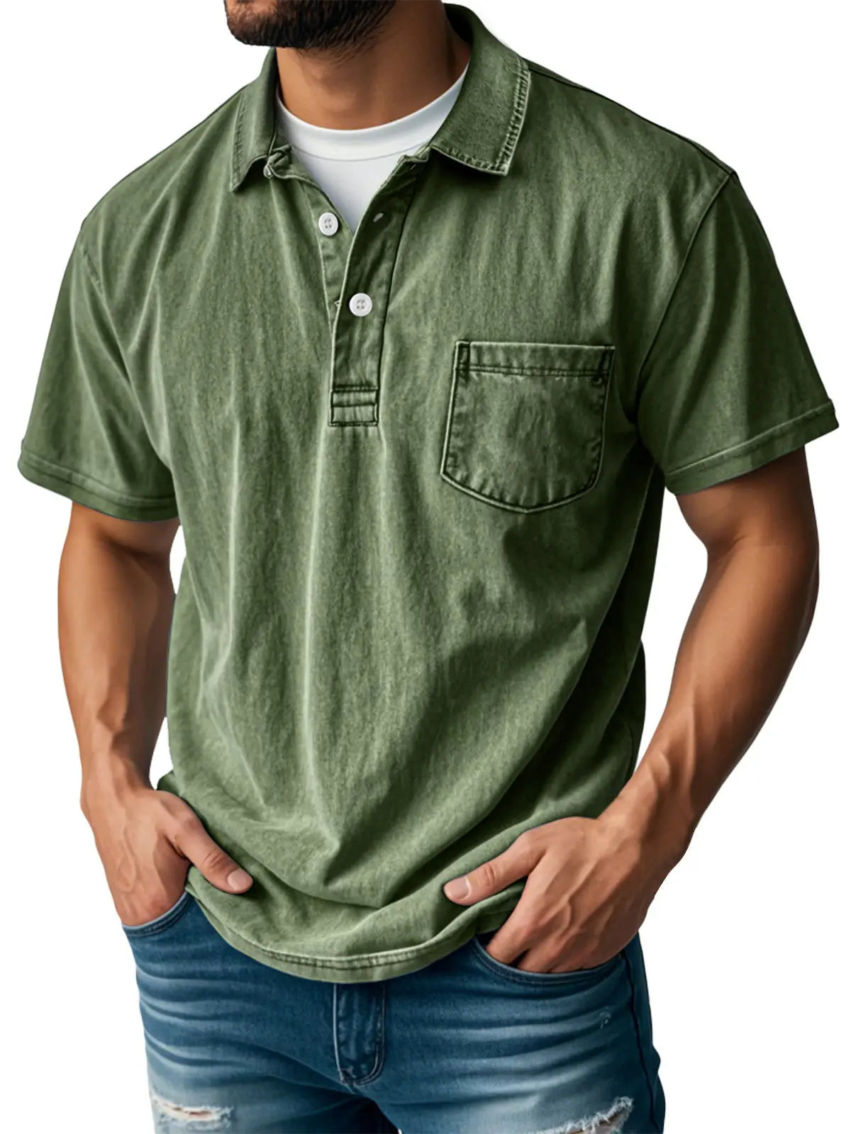 Men's Retro Lapel Button Pocket Casual Short Sleeve POLO Shirt