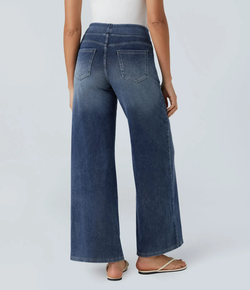 High Waisted Multiple Pockets Baggy Wide Leg Washed Stretchy Knit Casual Jeans