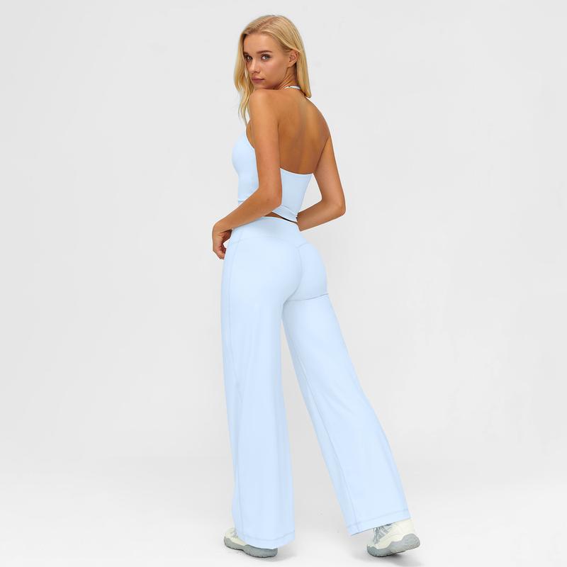 Women’s Plain Crop Cami Top & Flare Leg Pants Sports Set