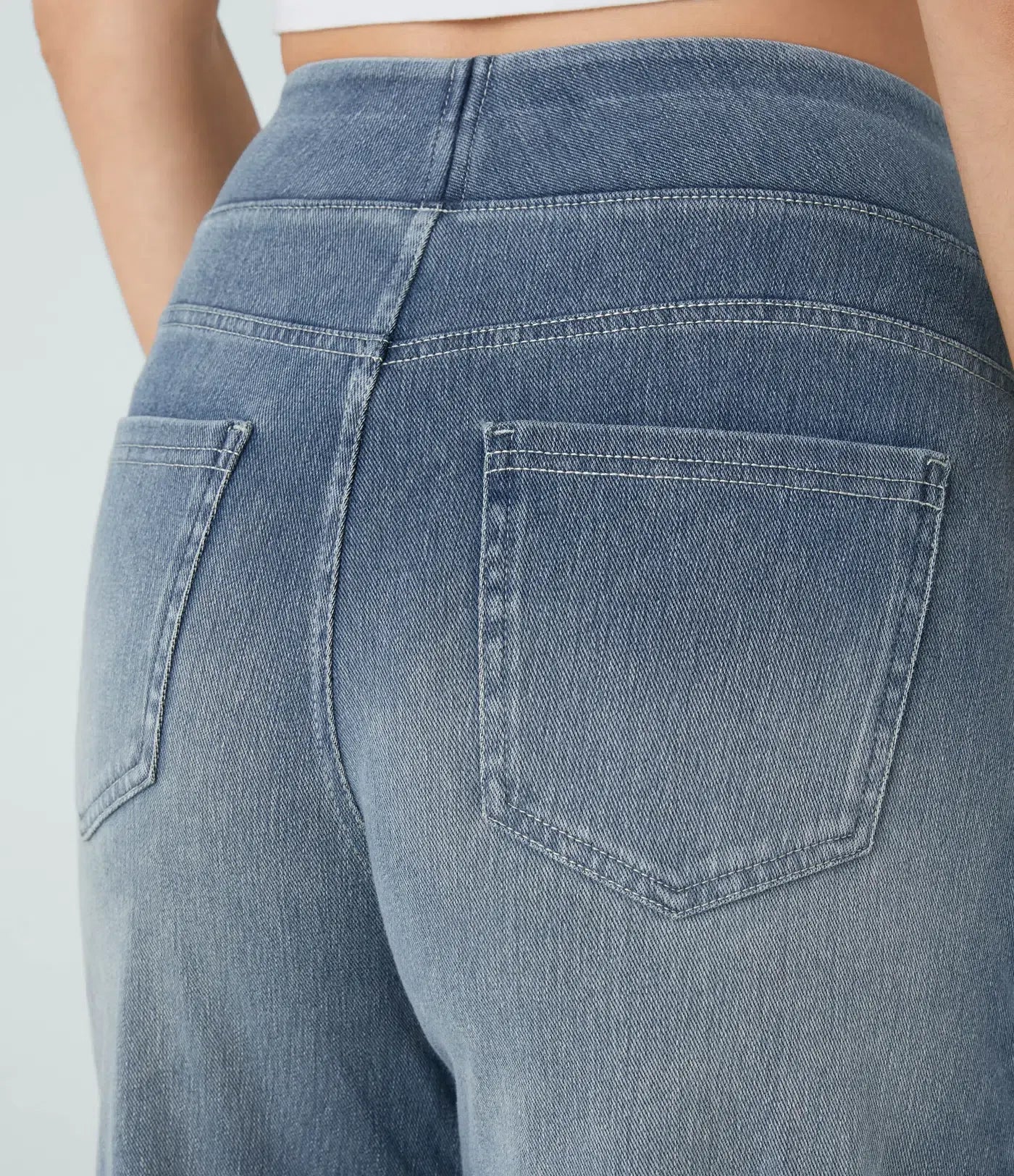 High Waisted Multiple Pockets Baggy Wide Leg Washed Stretchy Knit Casual Jeans
