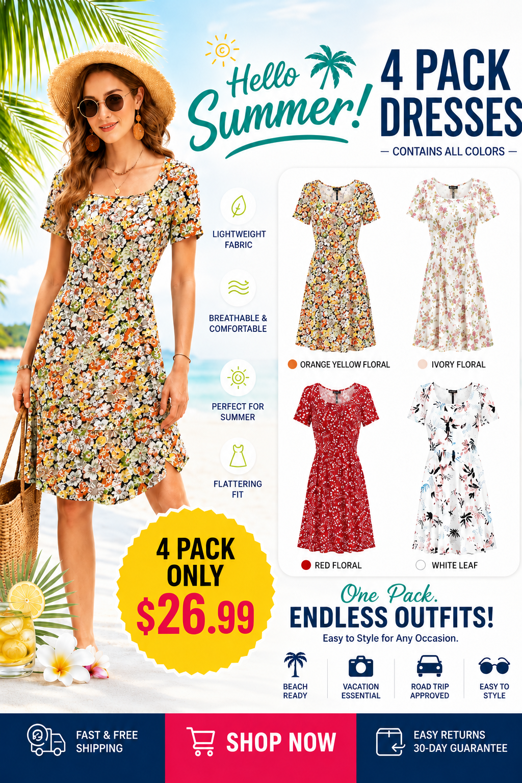 🔥Women Square Neck Floral Dress Ruffle Empire Waist A-Line Sundress with Pockets – Summer Casual Vacation Outfit