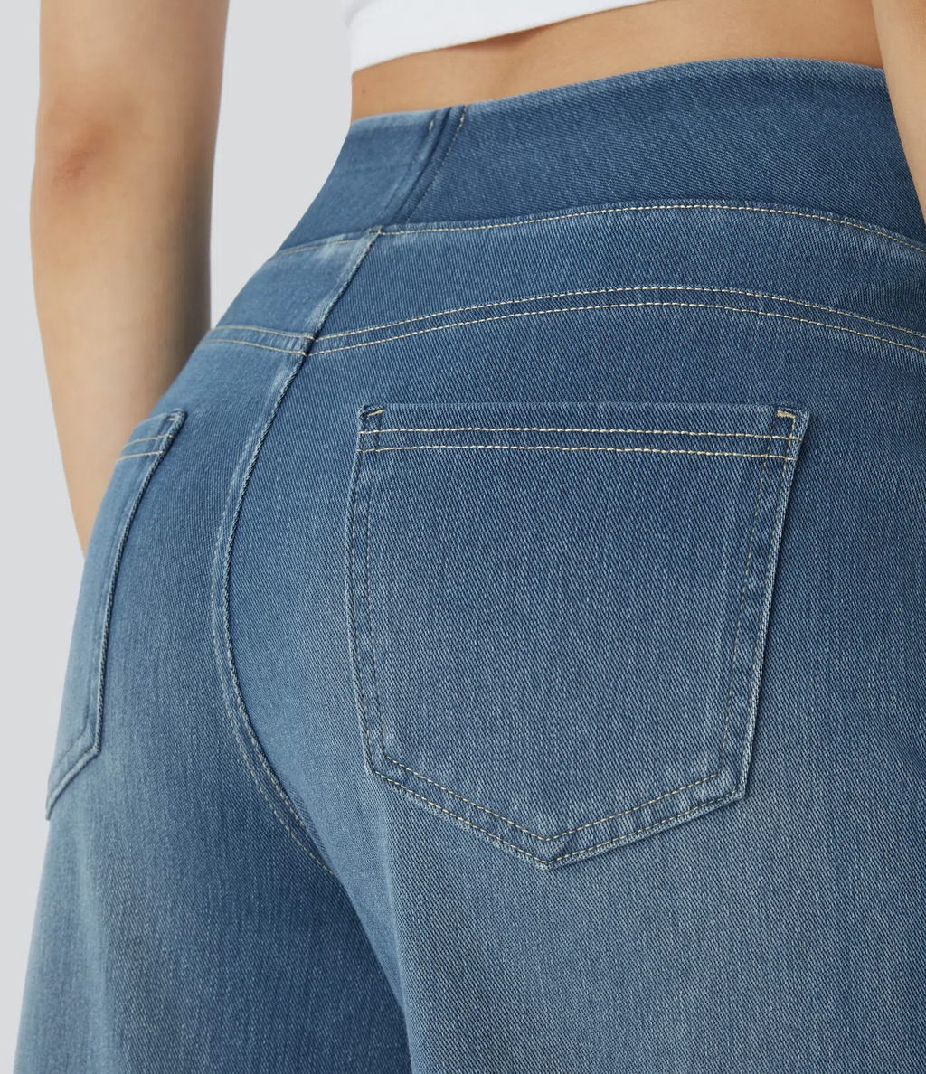 High Waisted Multiple Pockets Baggy Wide Leg Washed Stretchy Knit Casual Jeans