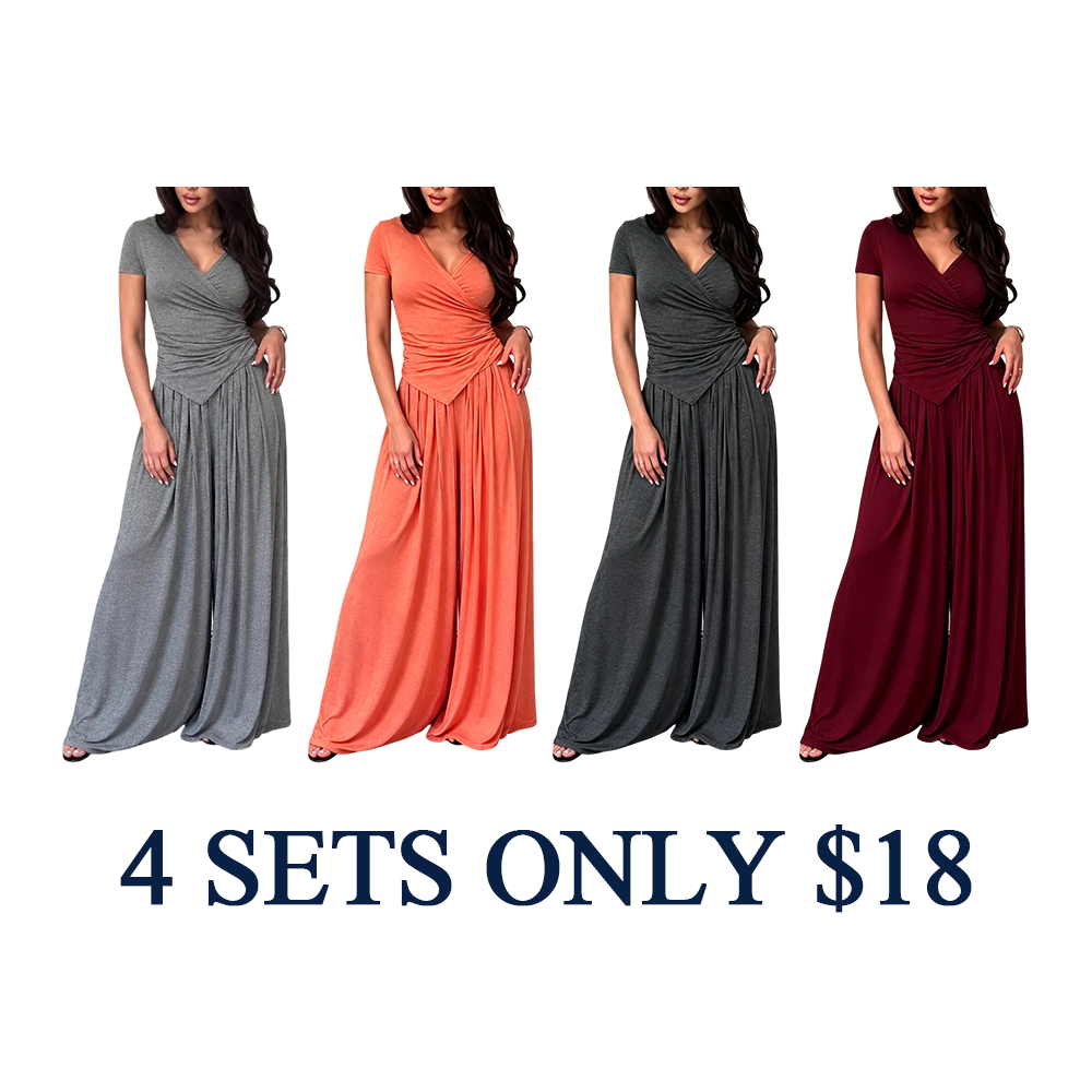 Women's Wrap V-Neck Wide Leg Two-Piece Set