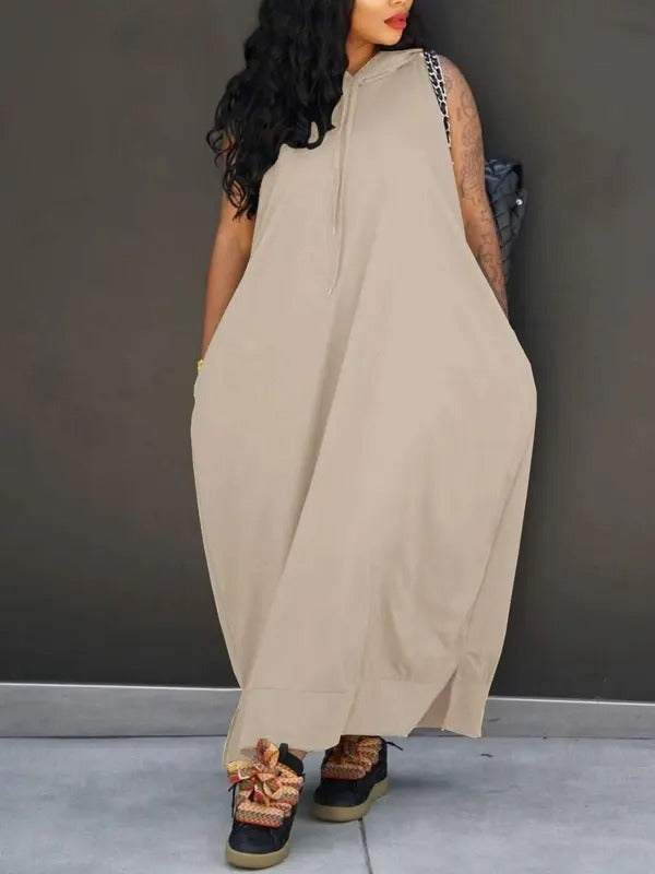 Women's Plain Drawstring Hooded Tank Dress, Casual Pocket Sleeveless Maxi Dress for Summer, Fashion Women's Clothing for Daily Wear