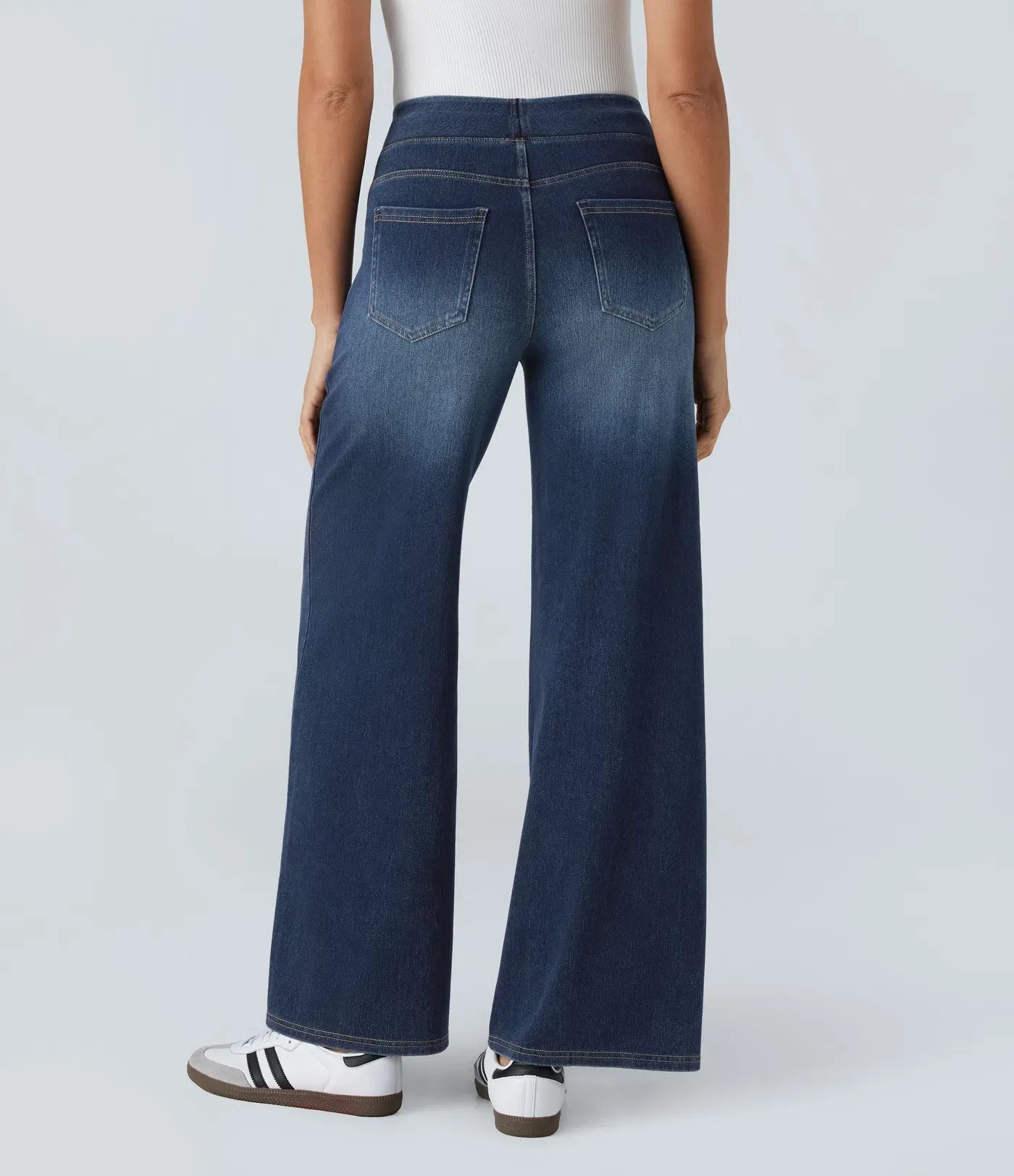 High Waisted Multiple Pockets Baggy Wide Leg Washed Stretchy Knit Casual Jeans