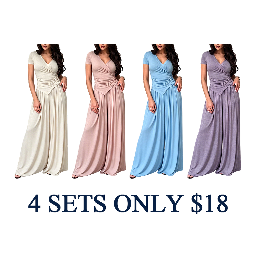 Women's Wrap V-Neck Wide Leg Two-Piece Set