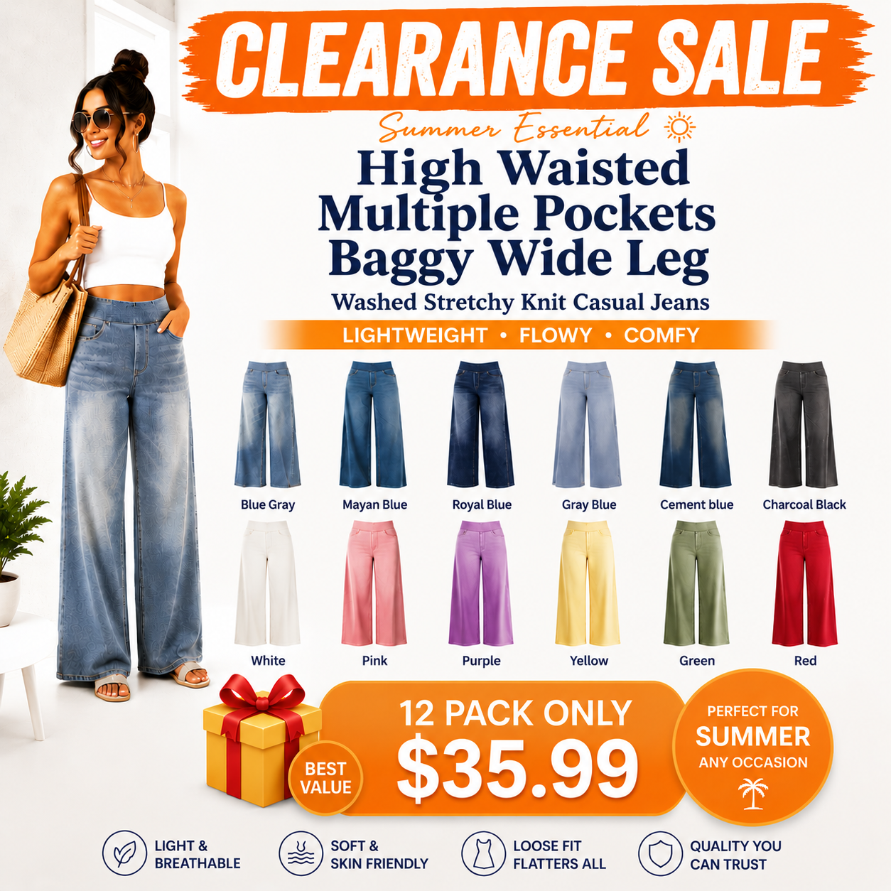 High Waisted Multiple Pockets Baggy Wide Leg Washed Stretchy Knit Casual Jeans