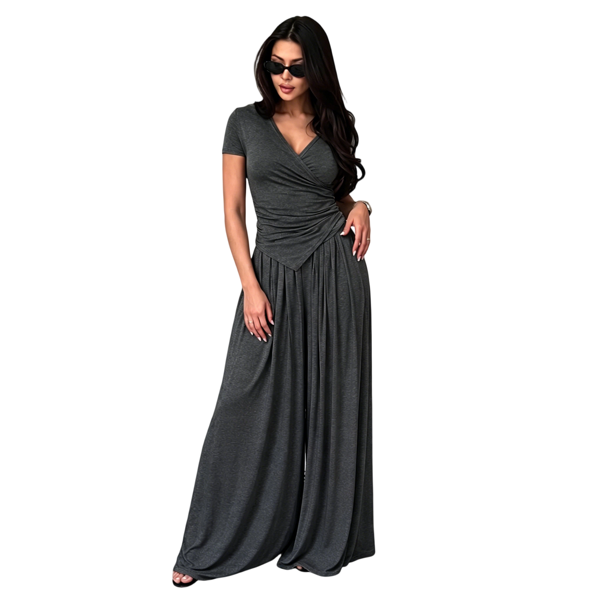 Women's Wrap V-Neck Wide Leg Two-Piece Set