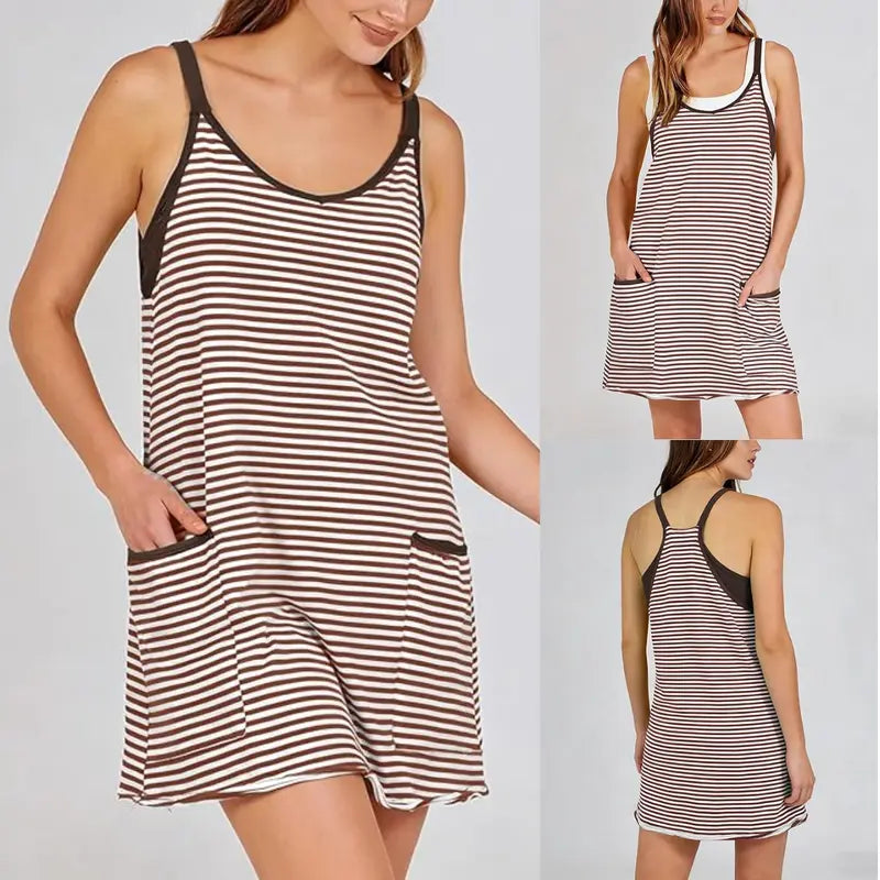 🔥Women's Summer Athletic Mini Dress Sleeveless V Neck Built-in Shorts