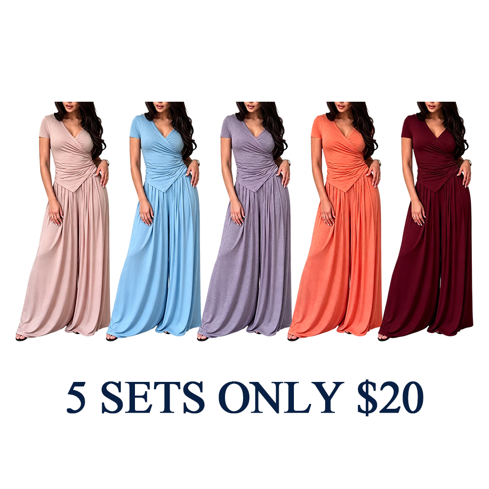 Women's Wrap V-Neck Wide Leg Two-Piece Set