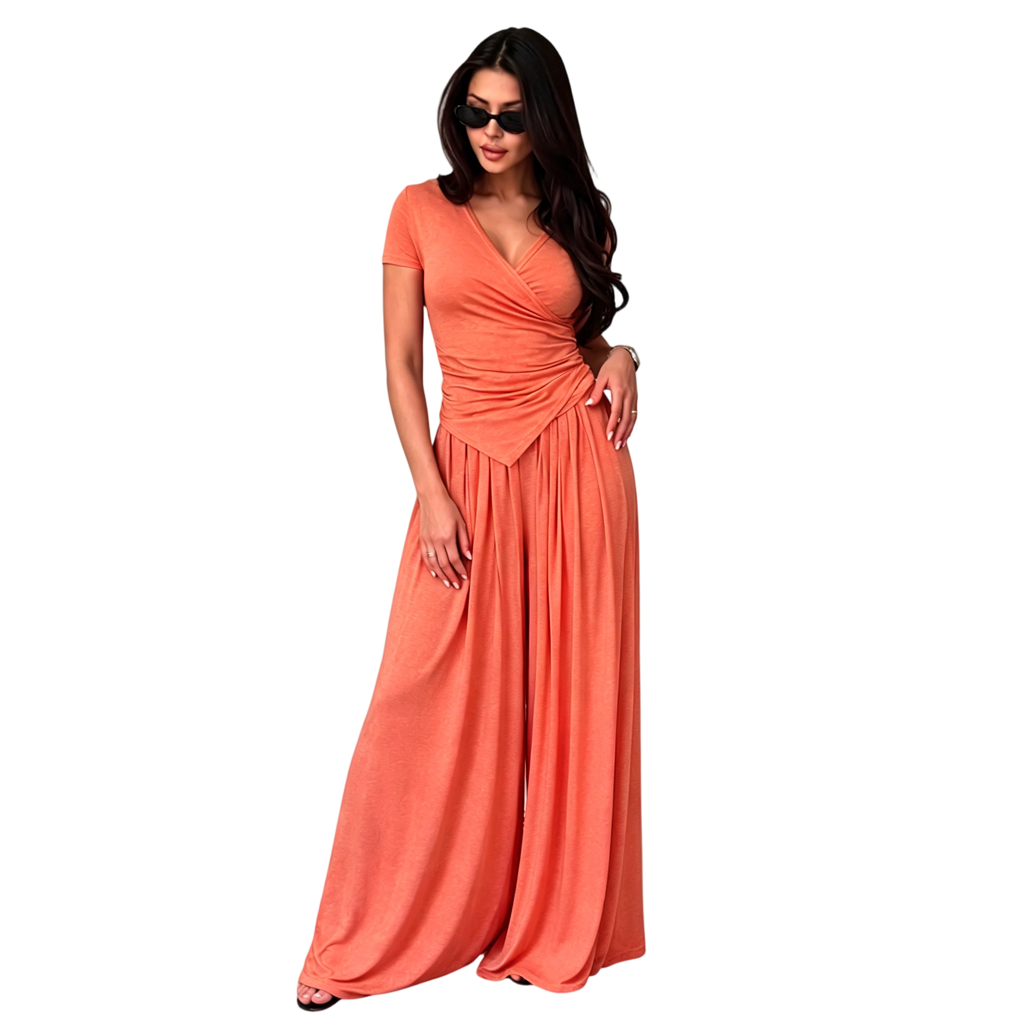 Women's Wrap V-Neck Wide Leg Two-Piece Set