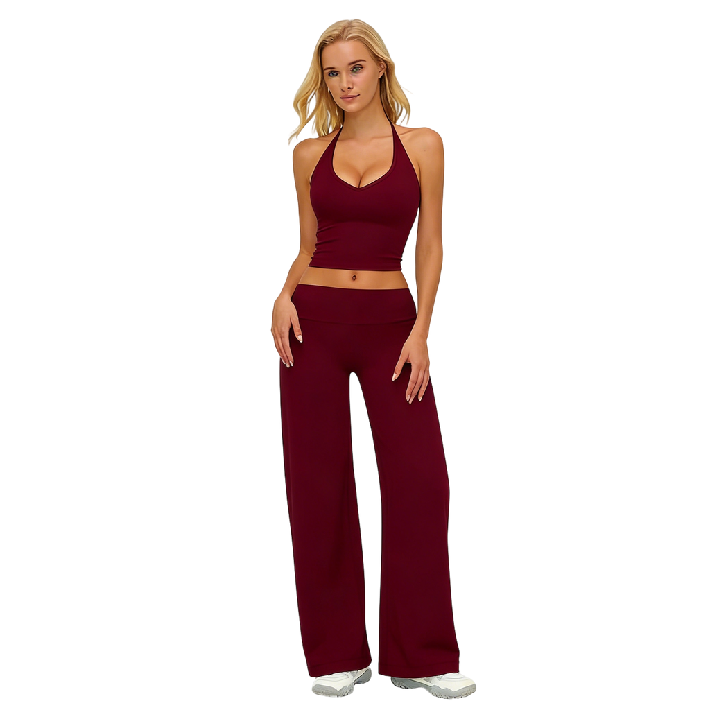 Women’s Plain Crop Cami Top & Flare Leg Pants Sports Set