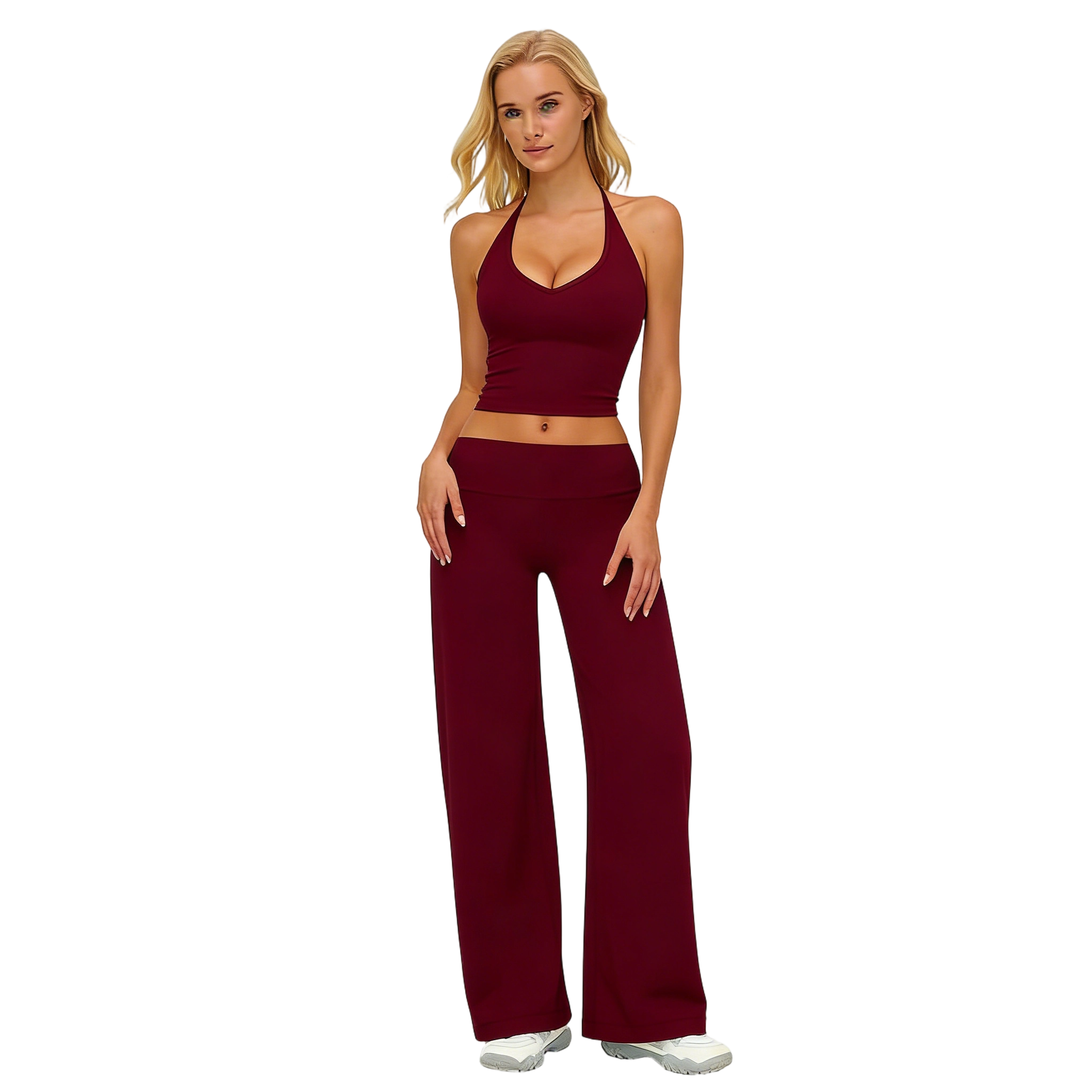 Women’s Plain Crop Cami Top & Flare Leg Pants Sports Set