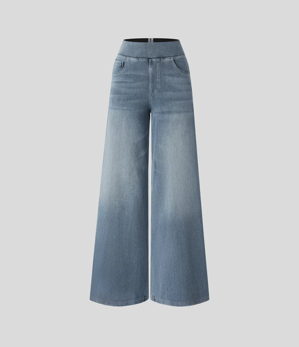 High Waisted Multiple Pockets Baggy Wide Leg Washed Stretchy Knit Casual Jeans
