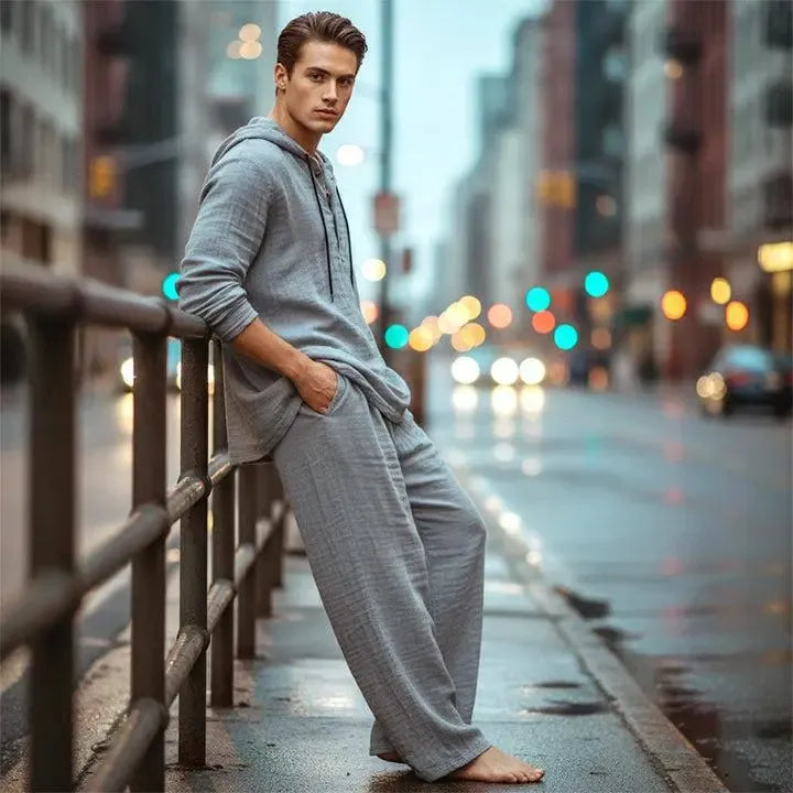 Linen Men's Hooded Casual Loose Top & Pants 2-Piece Set