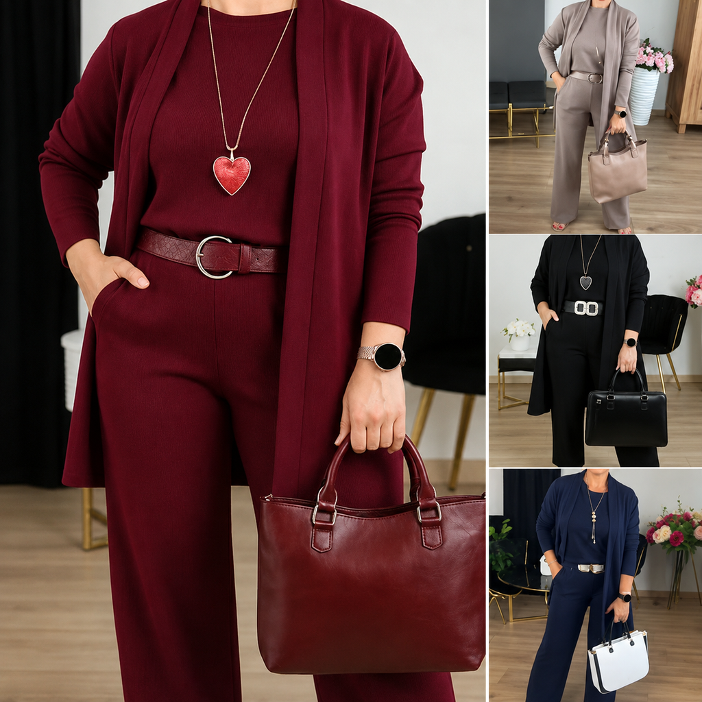 Elegant 3-piece set including long cardigan, top and pants
