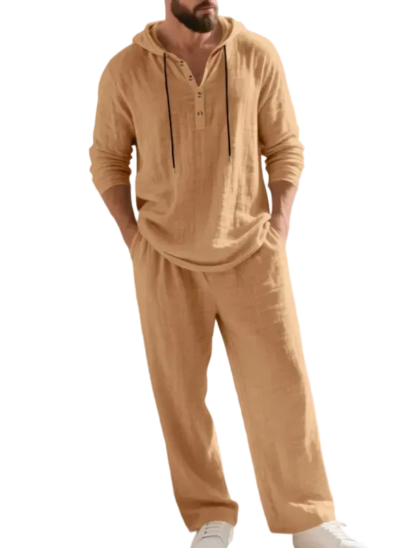 Linen Men's Hooded Casual Loose Top & Pants 2-Piece Set