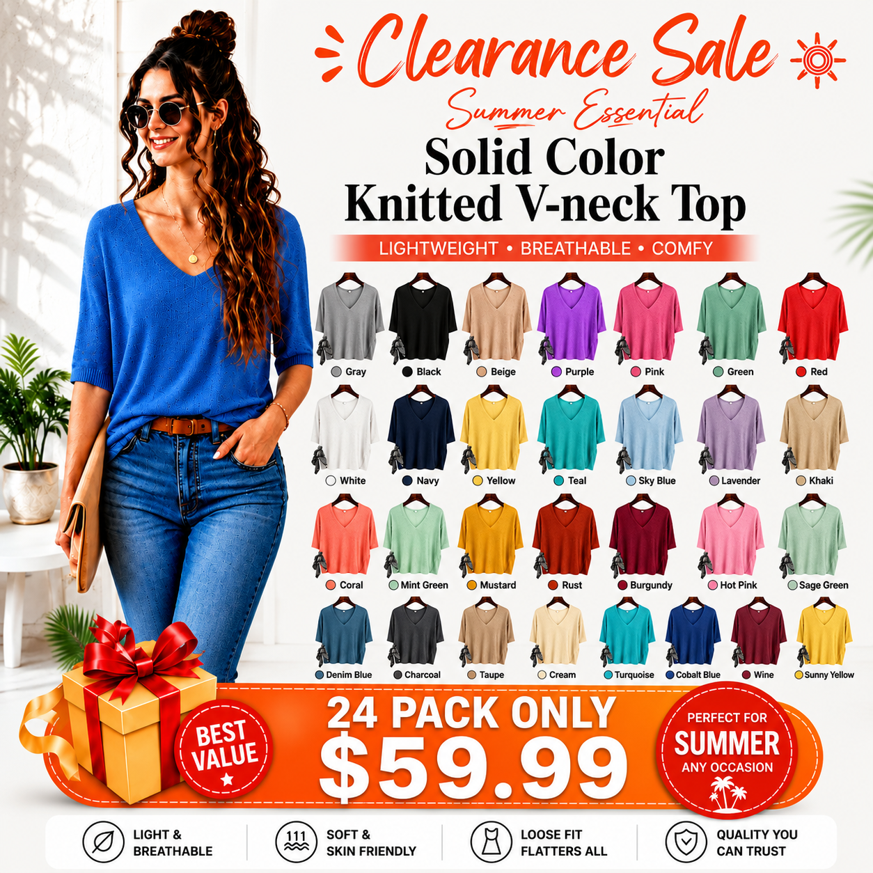 Solid Color Knitted V-neck Top