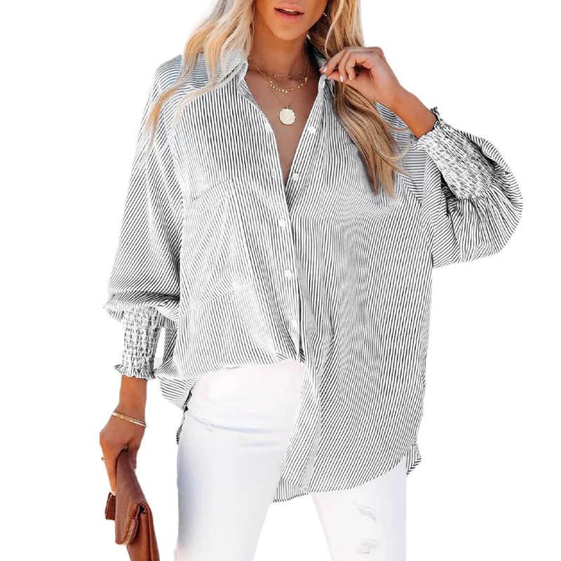 Women's pleated cuffs striped shirt with pockets and casual collar