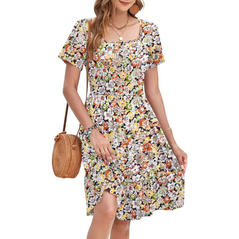 🔥Women Square Neck Floral Dress Ruffle Empire Waist A-Line Sundress with Pockets – Summer Casual Vacation Outfit