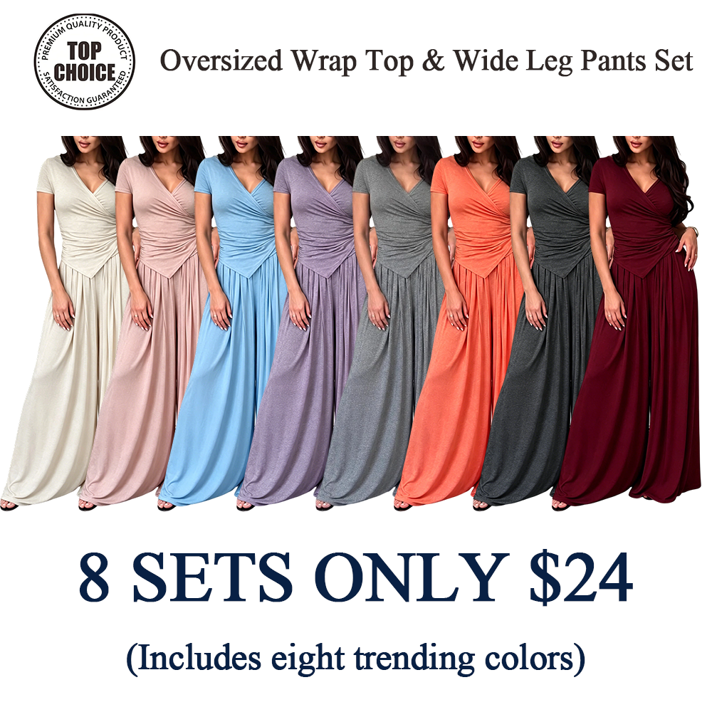 Women's Wrap V-Neck Wide Leg Two-Piece Set