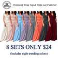 Women's Wrap V-Neck Wide Leg Two-Piece Set