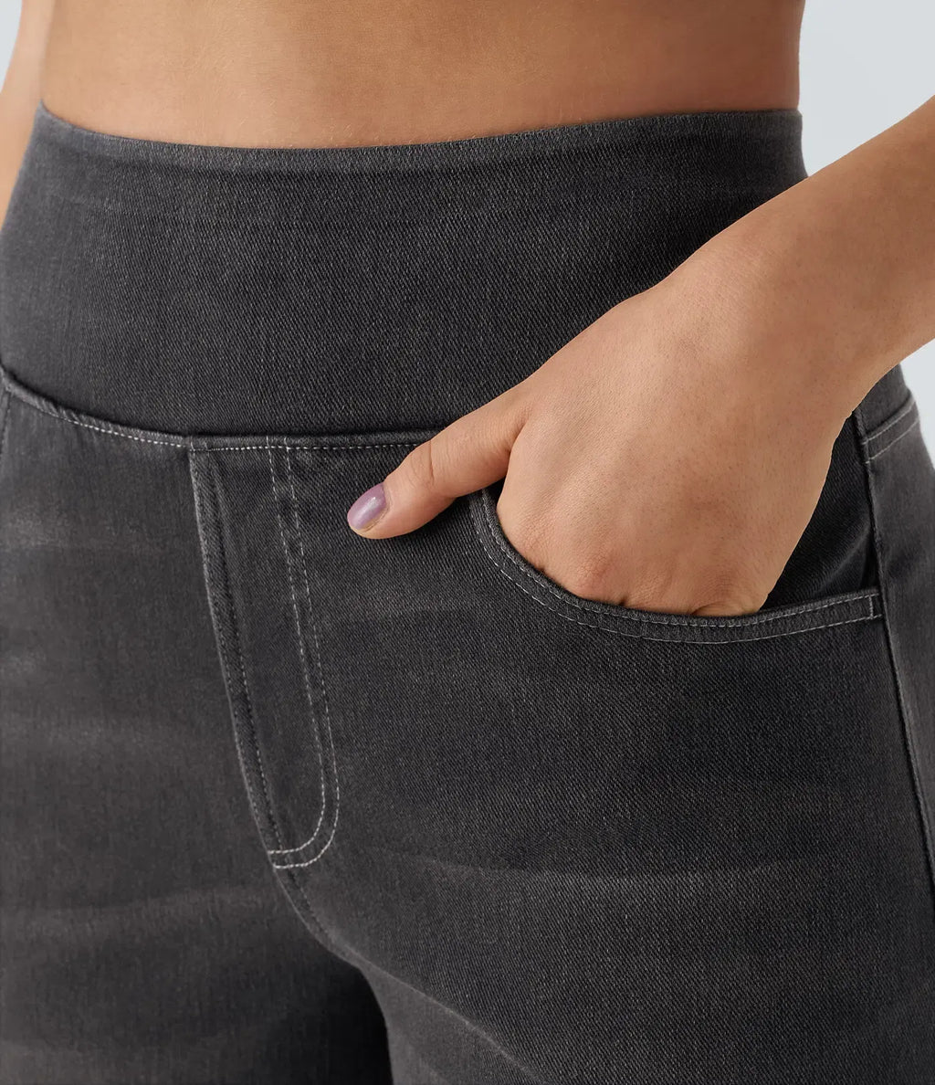 High Waisted Multiple Pockets Baggy Wide Leg Washed Stretchy Knit Casual Jeans