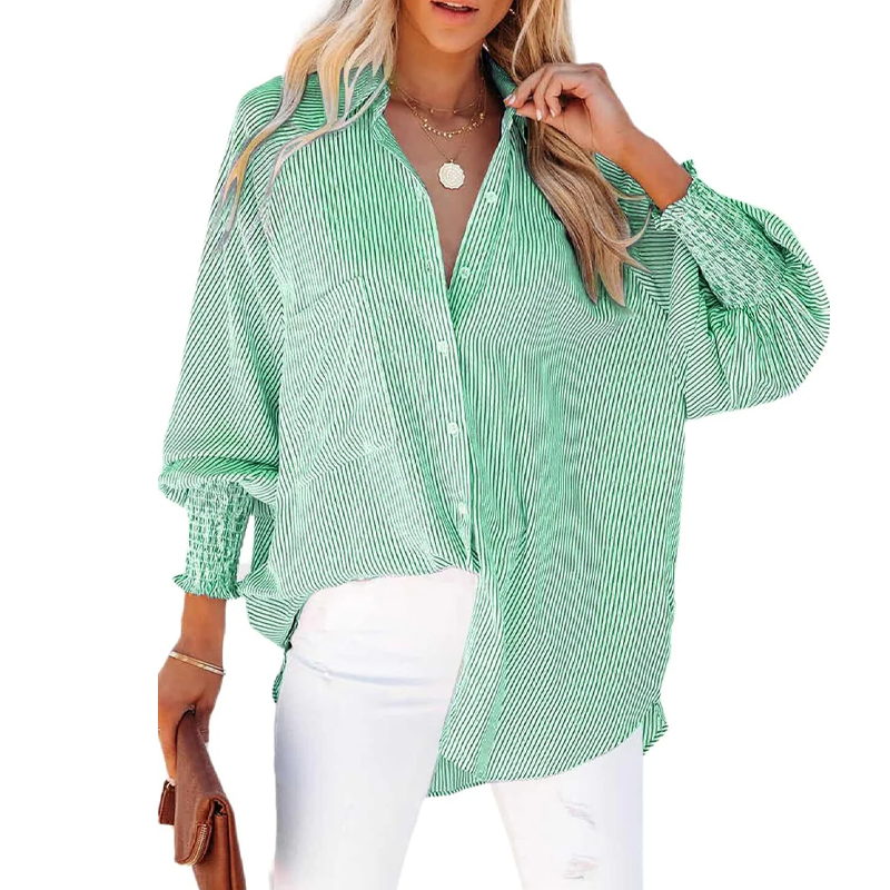 Women's pleated cuffs striped shirt with pockets and casual collar