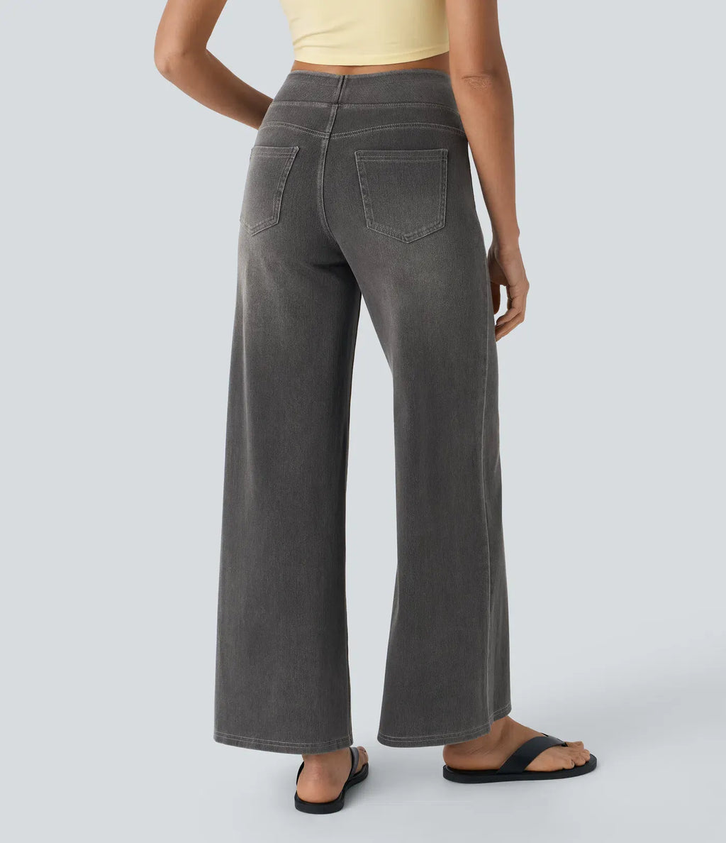High Waisted Multiple Pockets Baggy Wide Leg Washed Stretchy Knit Casual Jeans