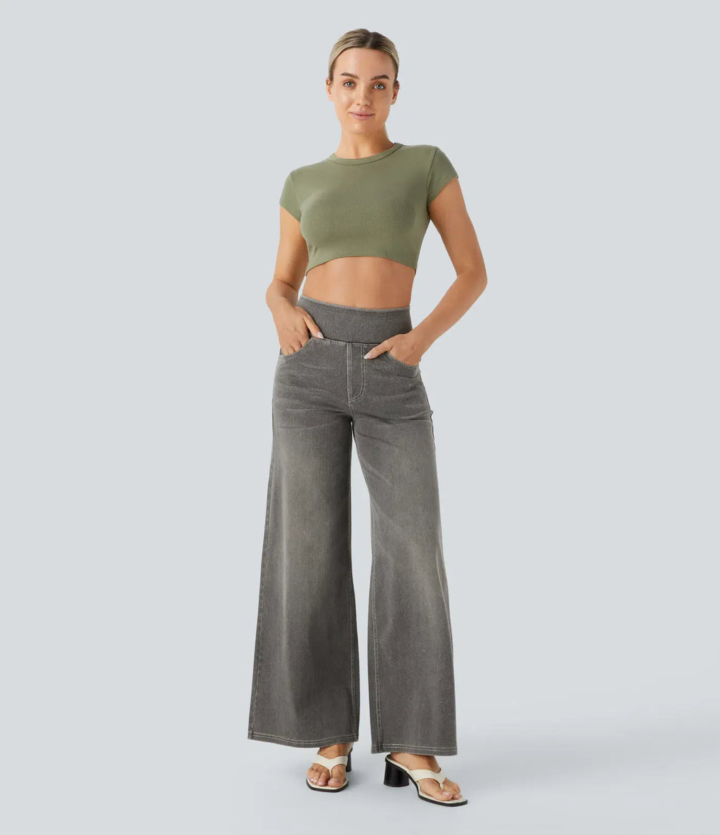 High Waisted Multiple Pockets Baggy Wide Leg Washed Stretchy Knit Casual Jeans