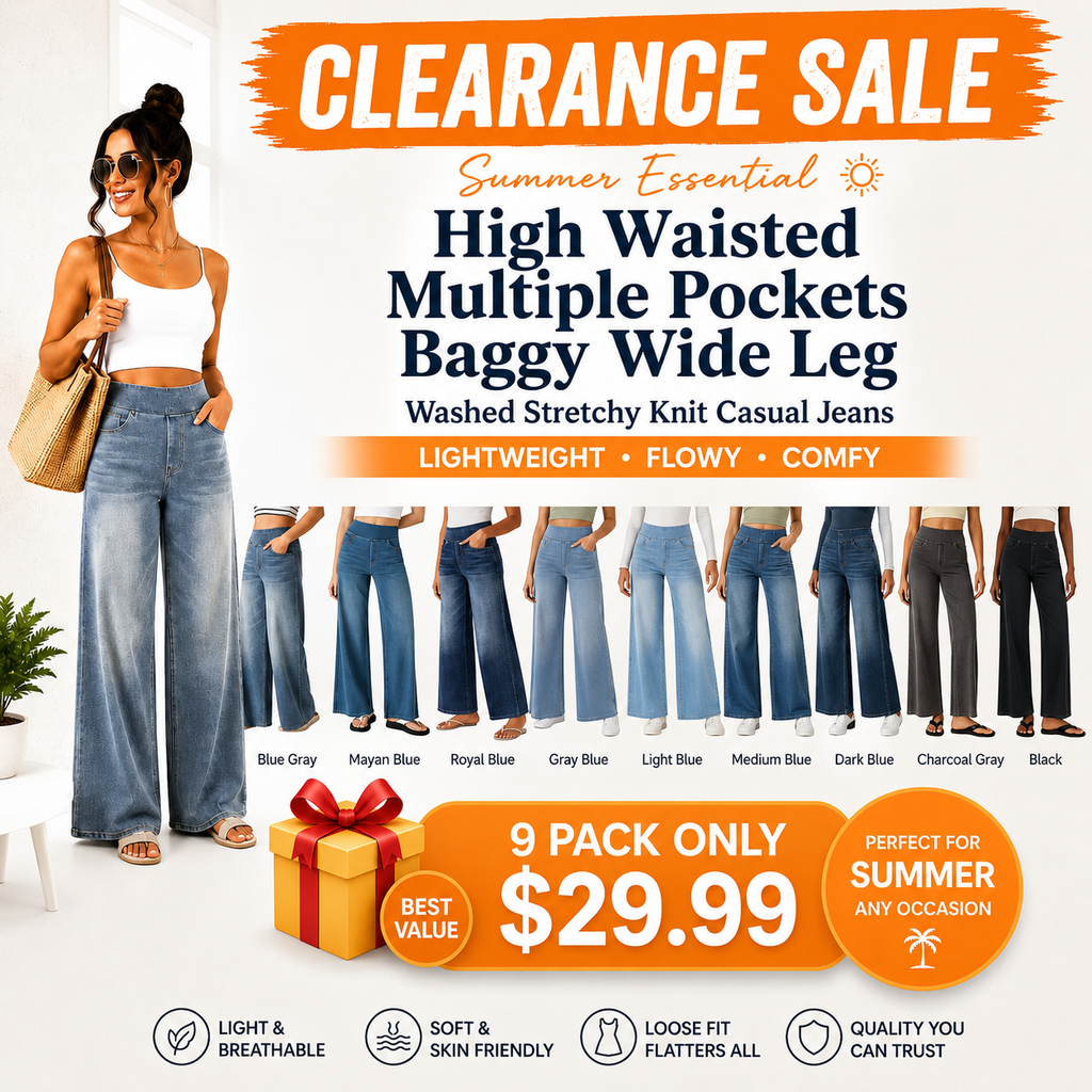 High Waisted Multiple Pockets Baggy Wide Leg Washed Stretchy Knit Casual Jeans