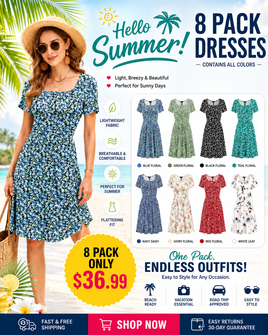 🔥Women Square Neck Floral Dress Ruffle Empire Waist A-Line Sundress with Pockets – Summer Casual Vacation Outfit