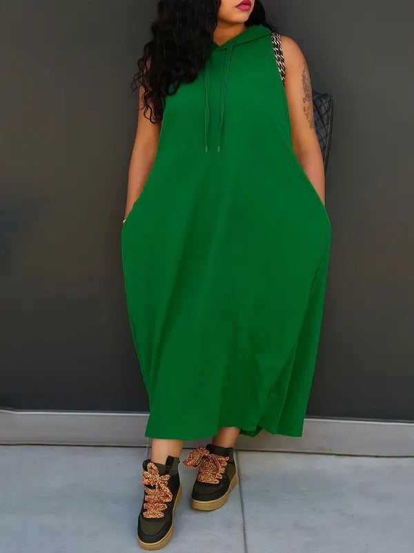 Women's Plain Drawstring Hooded Tank Dress, Casual Pocket Sleeveless Maxi Dress for Summer, Fashion Women's Clothing for Daily Wear