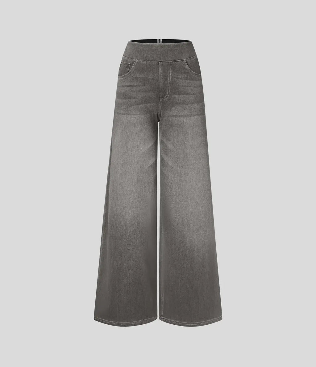 High Waisted Multiple Pockets Baggy Wide Leg Washed Stretchy Knit Casual Jeans